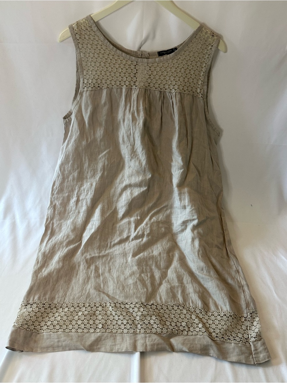 Lungo L'Arno Sabbia Taupe Linen Crochet Shift Dress Size M